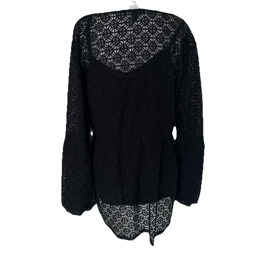 NWT Crochet Lace Blouse 1X Black Sheer Boho Festival Bell Sleeve Top Stretch - Picture 8 of 13